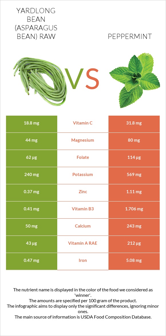 Yardlong bean (Asparagus bean) raw vs Peppermint infographic
