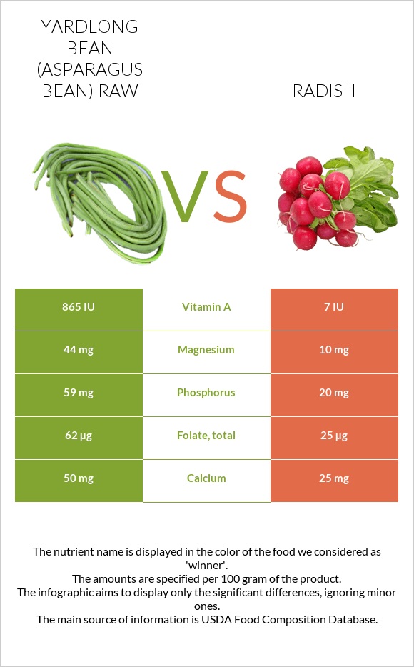 Yardlong bean (Asparagus bean) raw vs Radish infographic