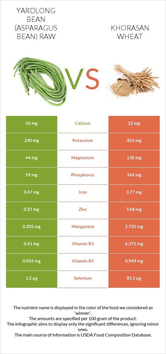 Ծնեբեկ լոբի հում vs Խորասան ցորենի infographic
