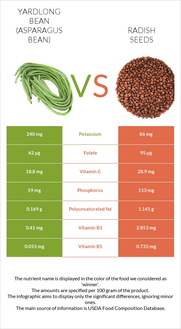 Yardlong bean (Asparagus bean) vs Radish seeds infographic