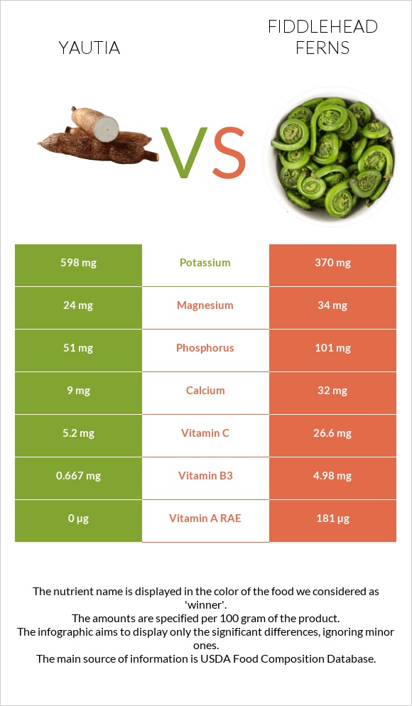 Yautia vs Fiddlehead ferns infographic