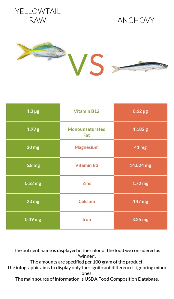 Yellowtail raw vs Anchovy infographic