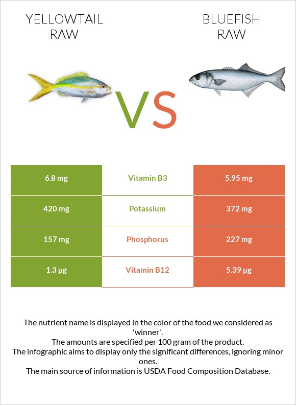 Yellowtail raw vs Bluefish raw infographic