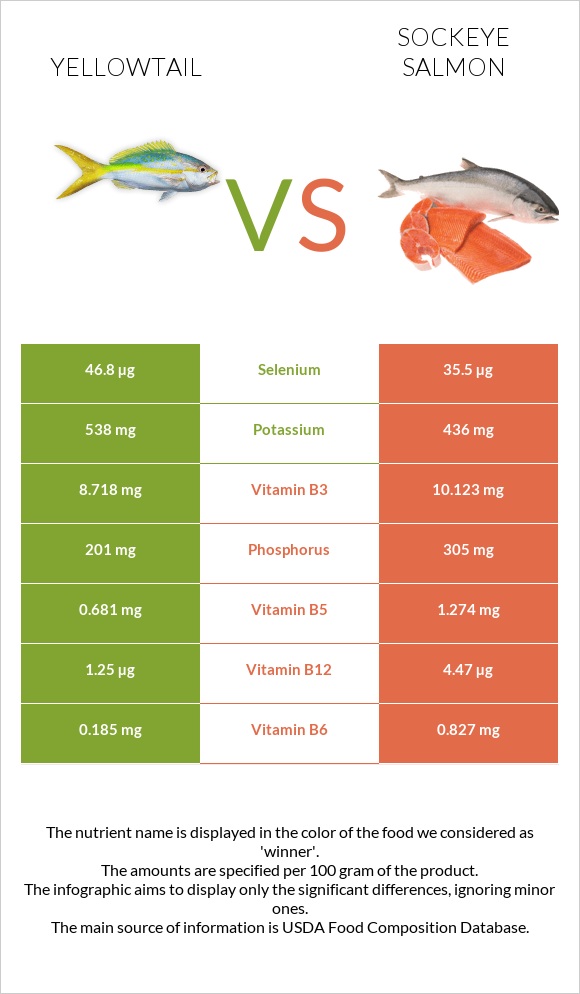 Yellowtail vs Sockeye salmon infographic