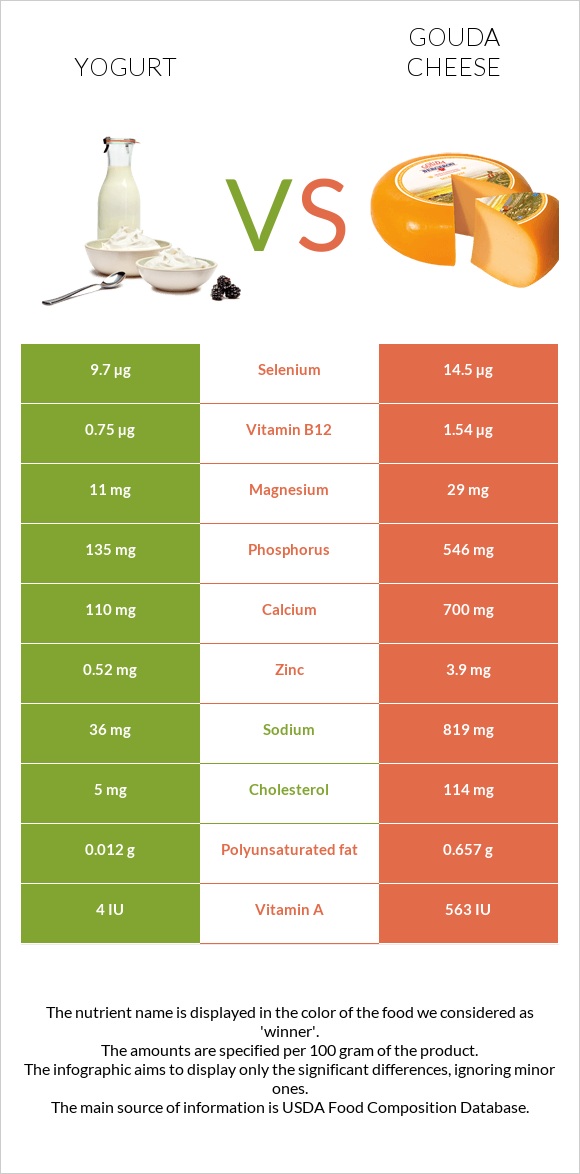 Yogurt vs Gouda cheese infographic