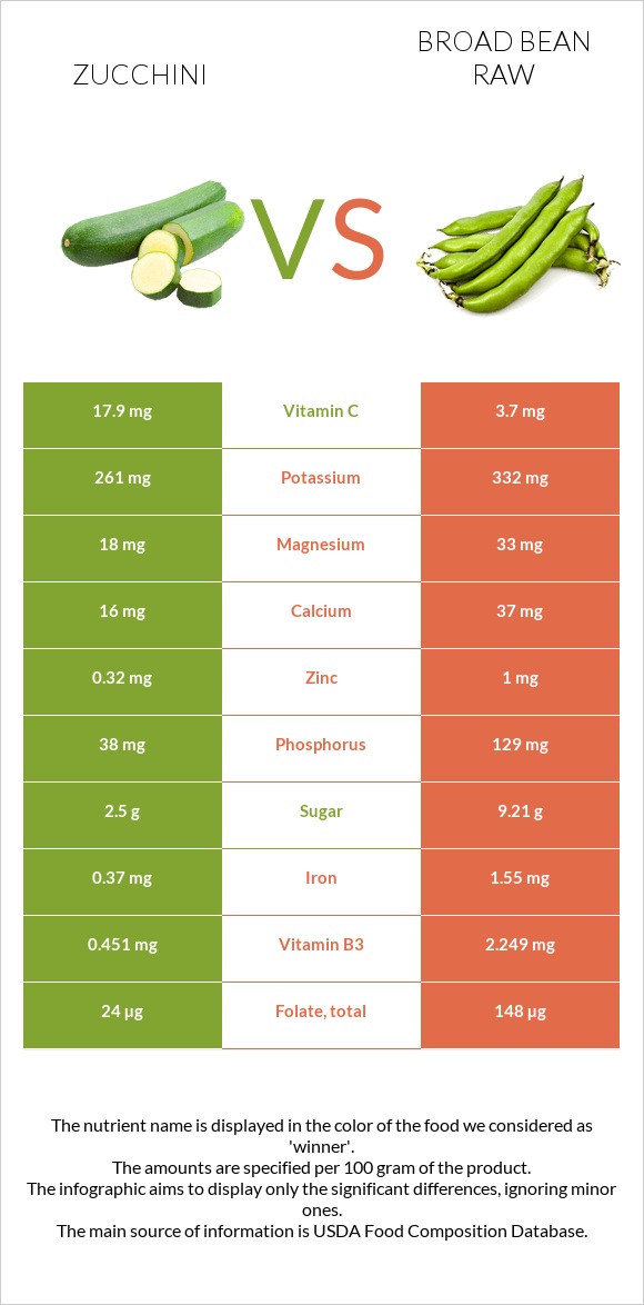 Zucchini vs Broad bean raw infographic