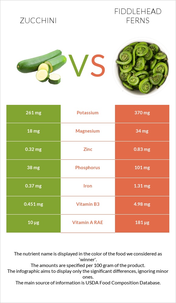 Zucchini vs Fiddlehead ferns infographic