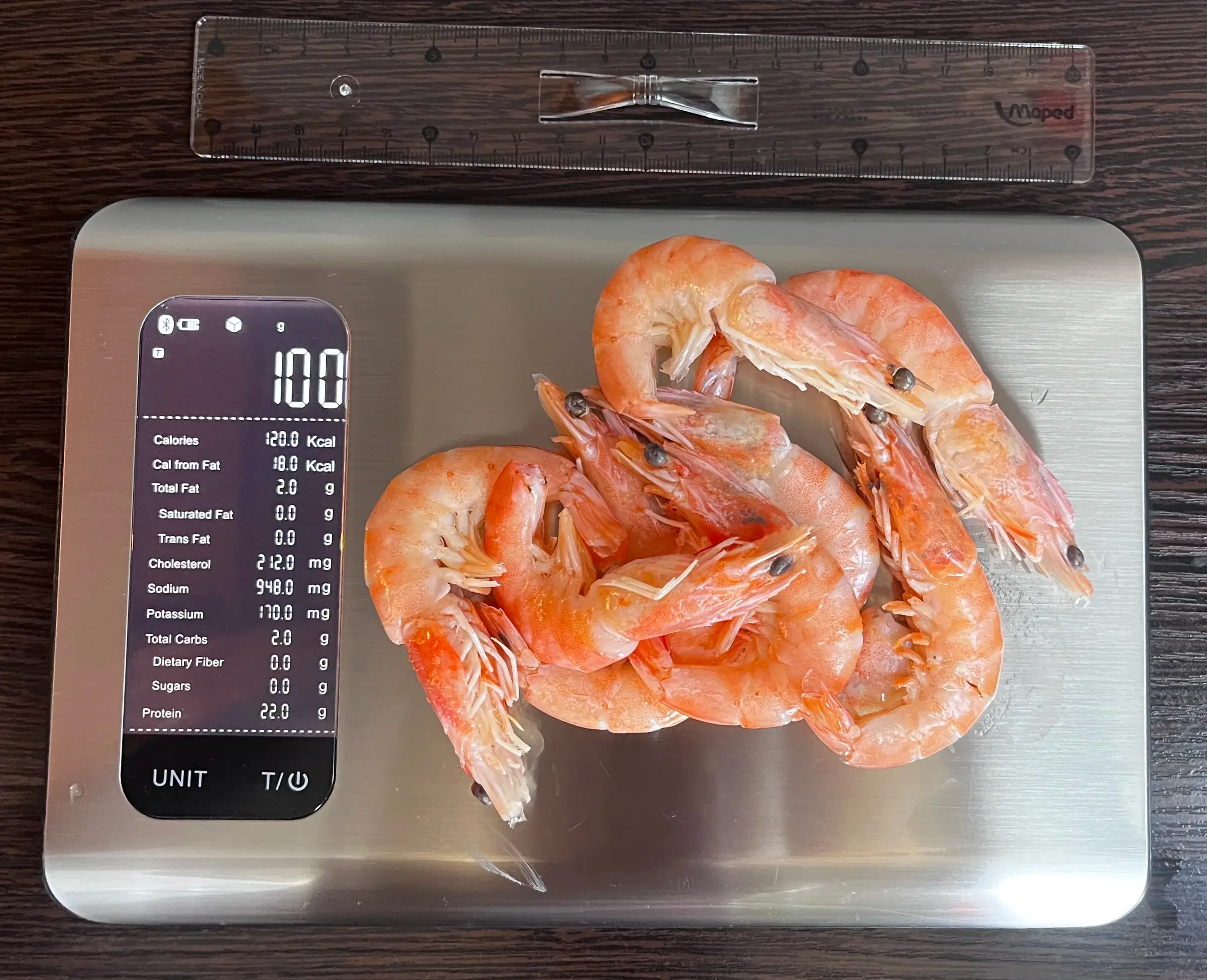 120 Calories or 100 Grams of Shrimps on scale
