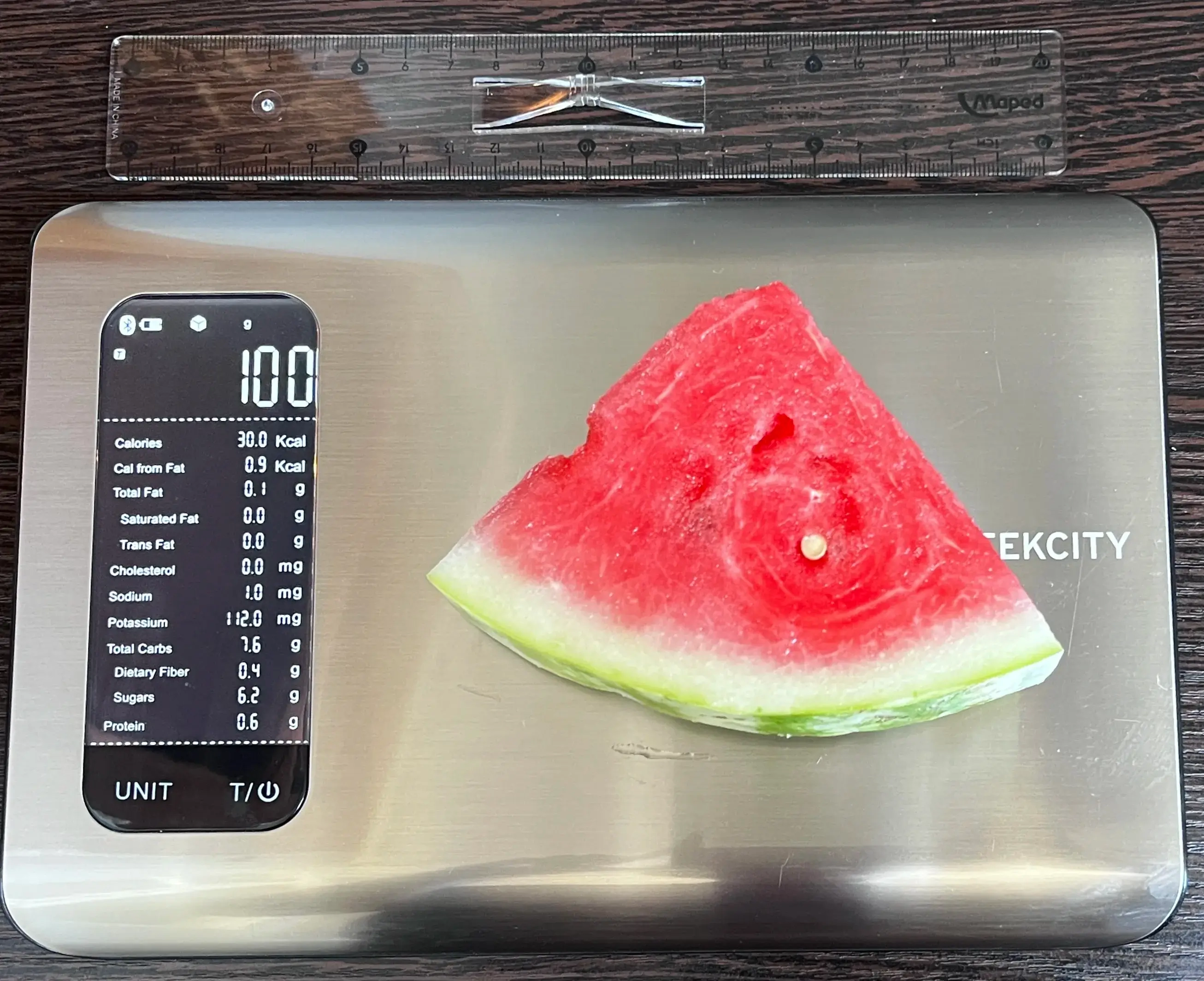 0 Calories or 100 Grams of Watermelon on scale