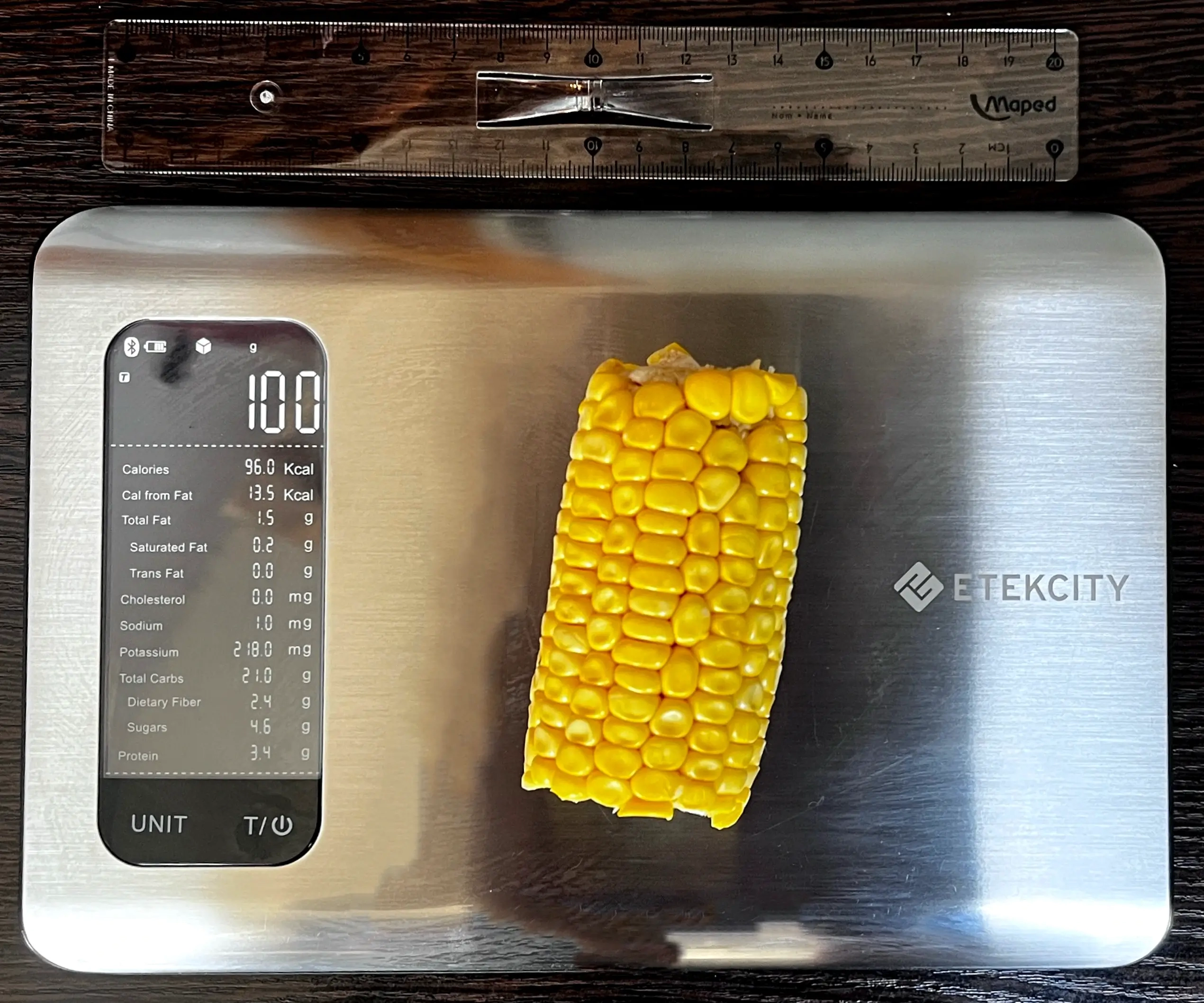 96 Calories or 100 Grams of Corn on scale