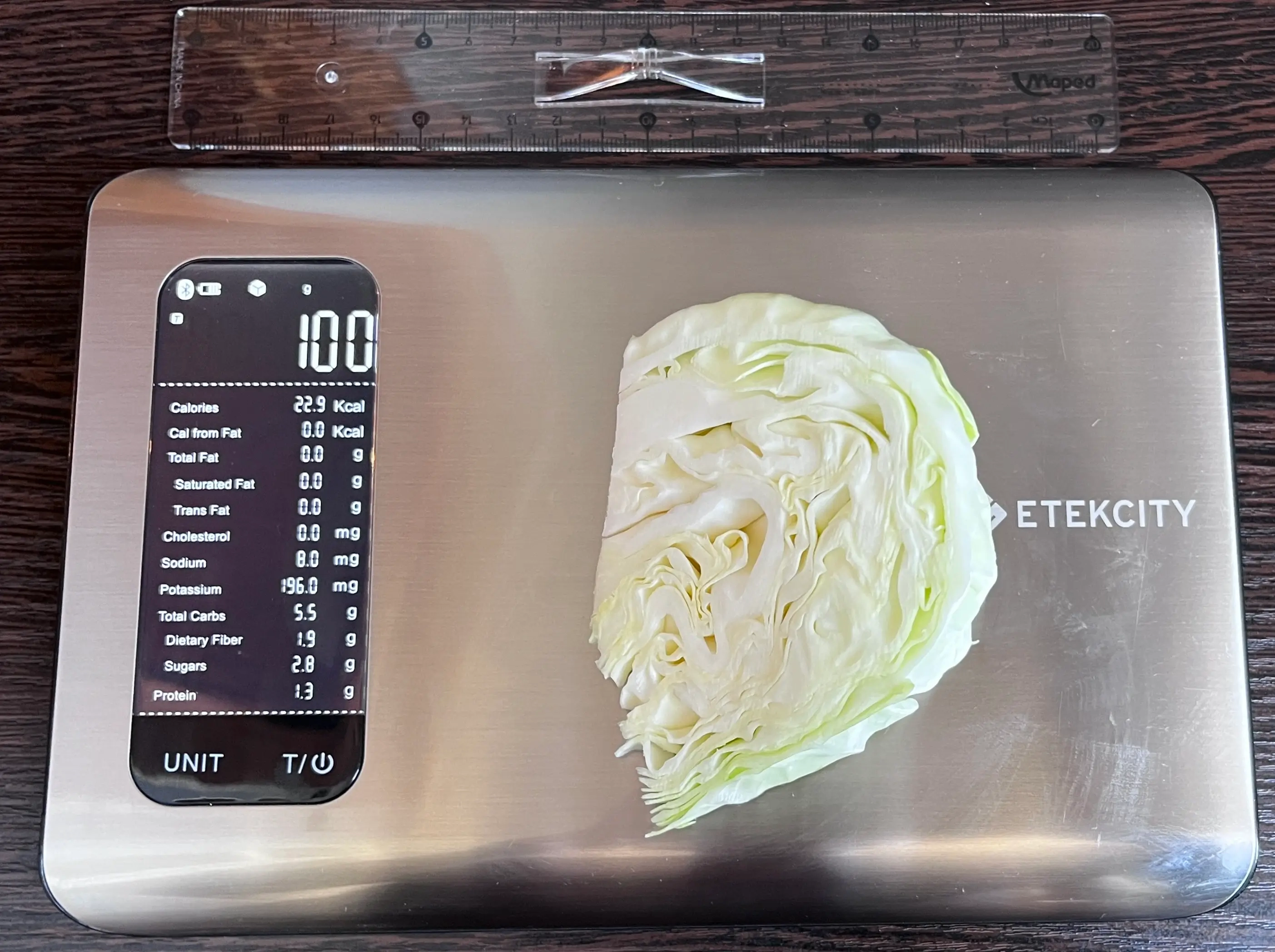 25 Calories or 100 Grams of Cabbage on scale