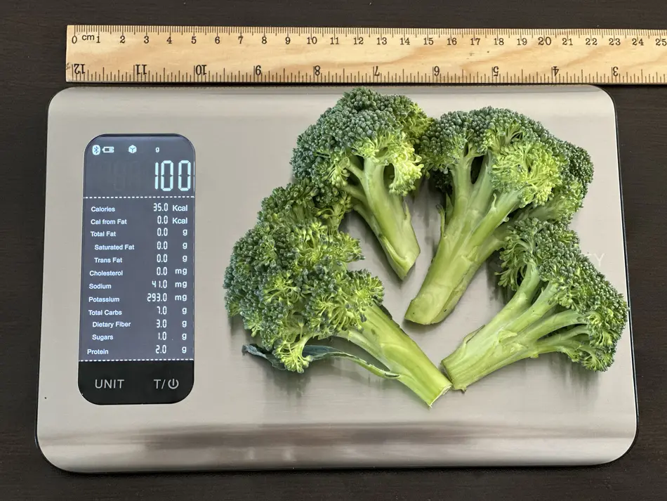 34 calories or 100 grams of broccoli