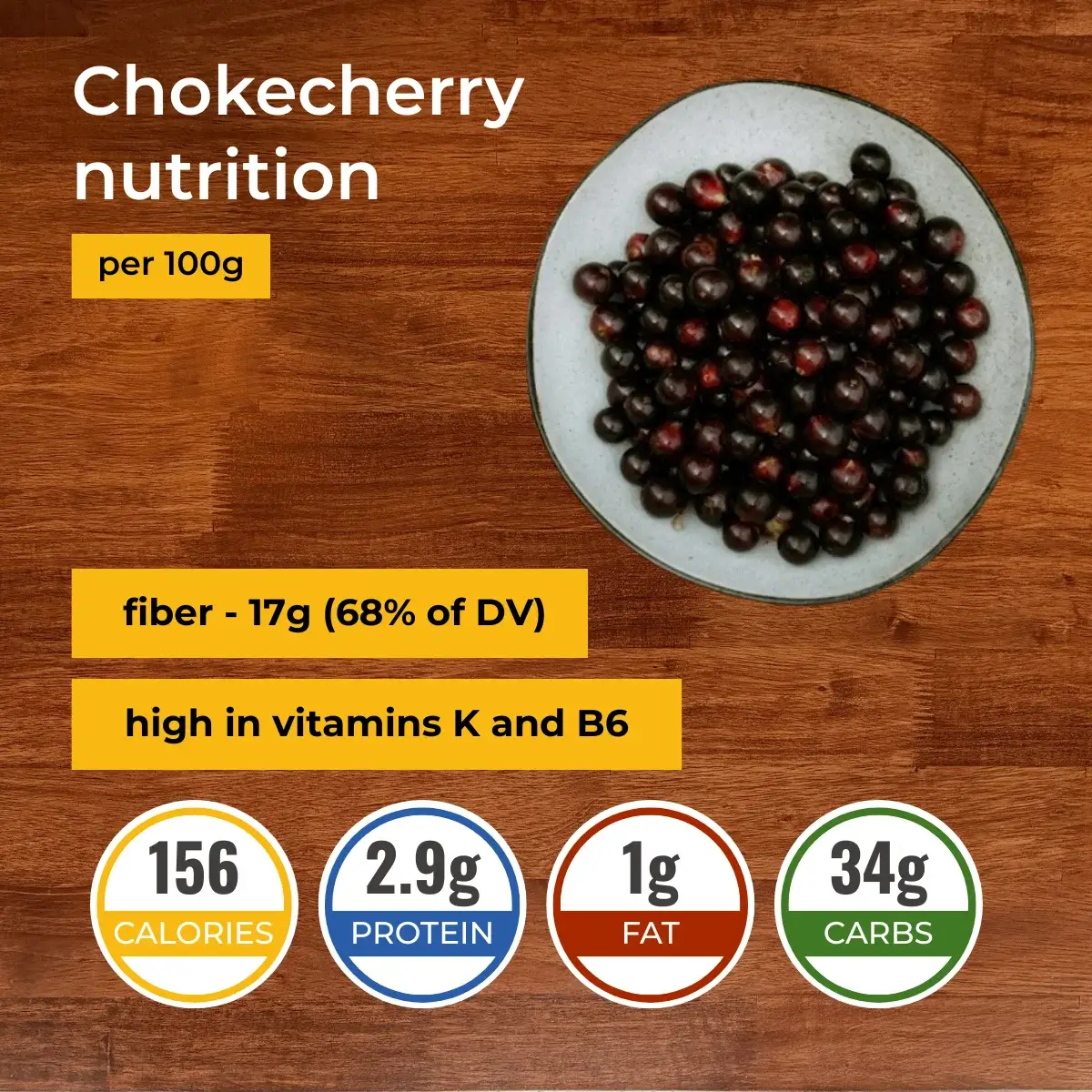 Chokecherries nutrition facts infographic. Calories, protein, carbs, fats.
